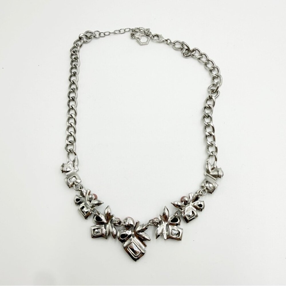 Silver Tone Chain Necklace with Blue Rhinestones & Faux Pearls - Picture 7 of 8